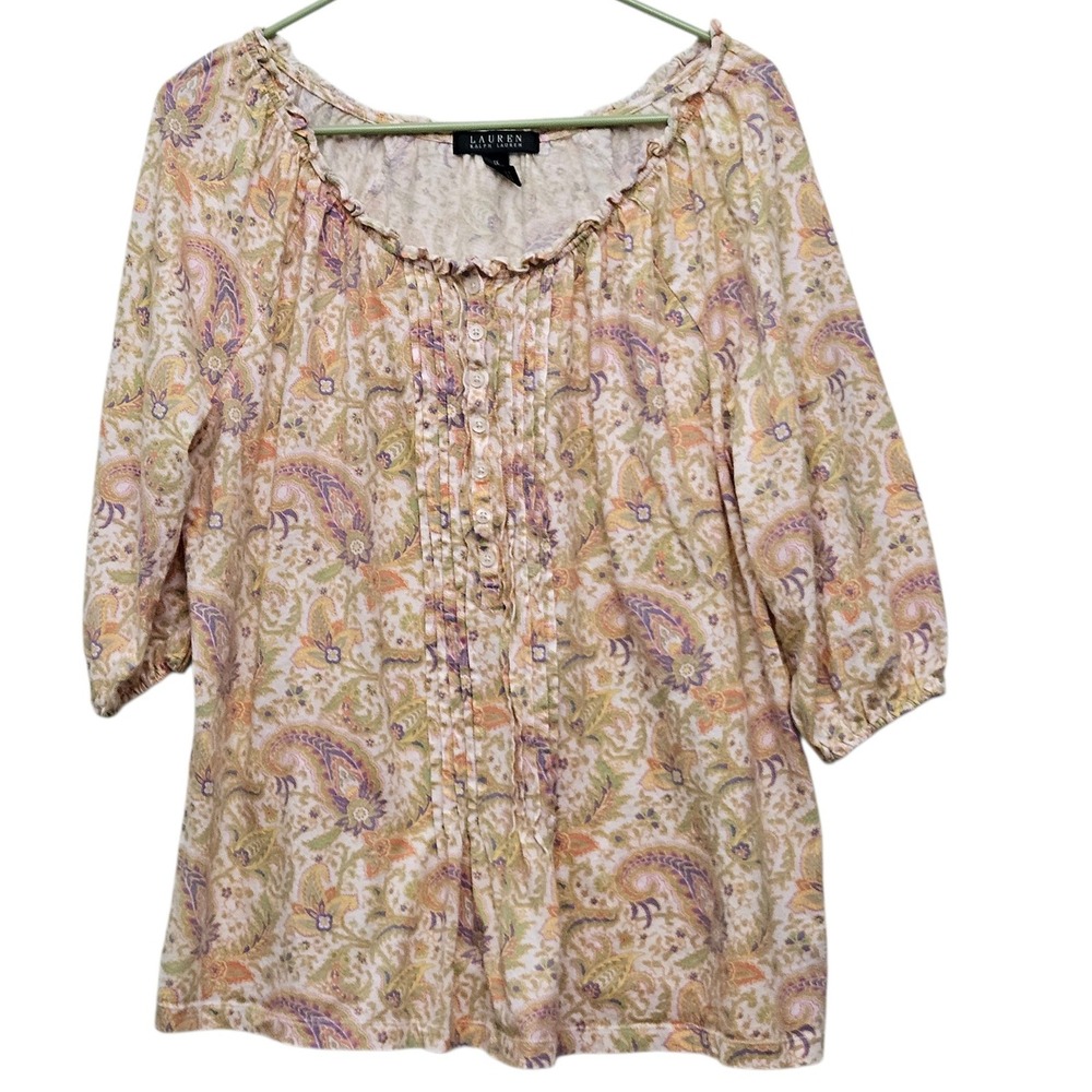 Lauren Ralph Lauren Paisley Print Ruffle Neck 3/4 Sleeve Blouse Top Plus Size 1X